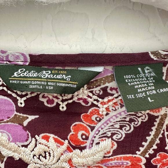 EDDIE BAUER Floral Paisley Embroidered Burgundy Boho Peasant Tunic Cotton Large - Picture 6 of 7